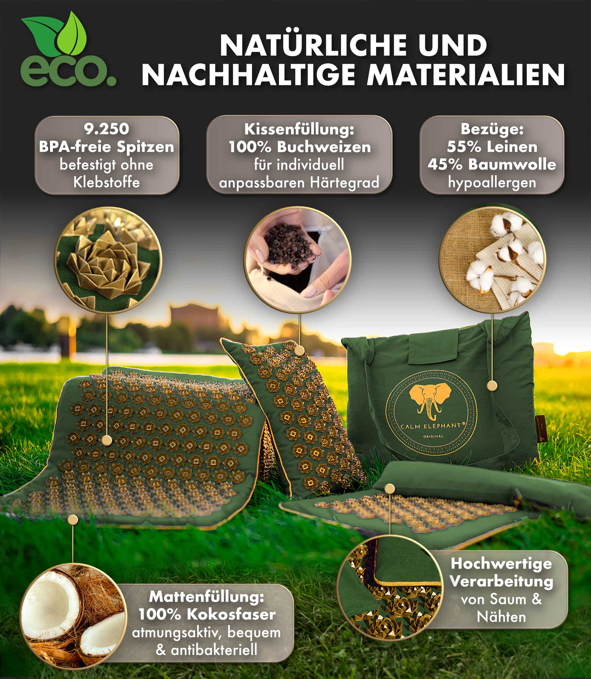 Akupressurmatte | GENUINE 5er Set - grün mit natürlichen und nachhaltigen Materialien für effektive Akupressurerfahrungen.