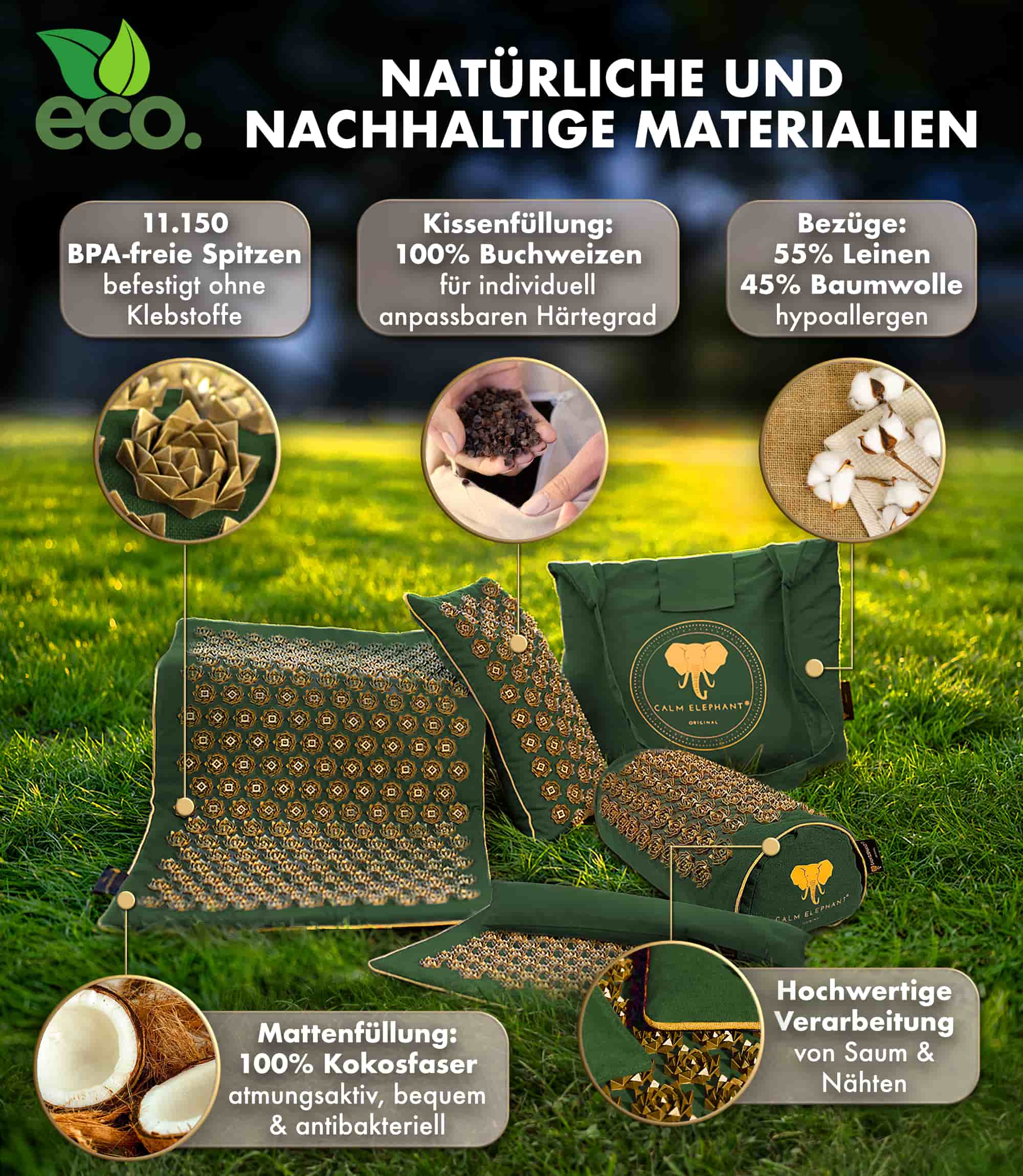 Akupressurmatte | ULTIMATE 6er Set - grün mit natürlichen Materialien und hochwertiger Verarbeitung für optimale Akupressur-Erfahrung.