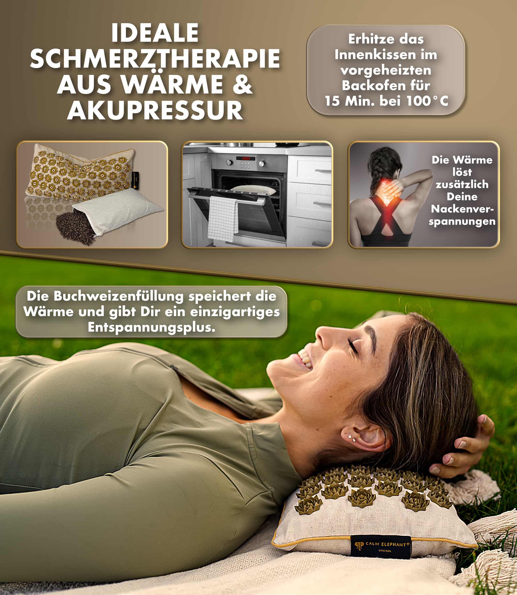 Akupressurmatte | PURE ECO 3er Set - beige auf einer Person liegend, zeigt die Vorteile von Wärme und Akupressur.