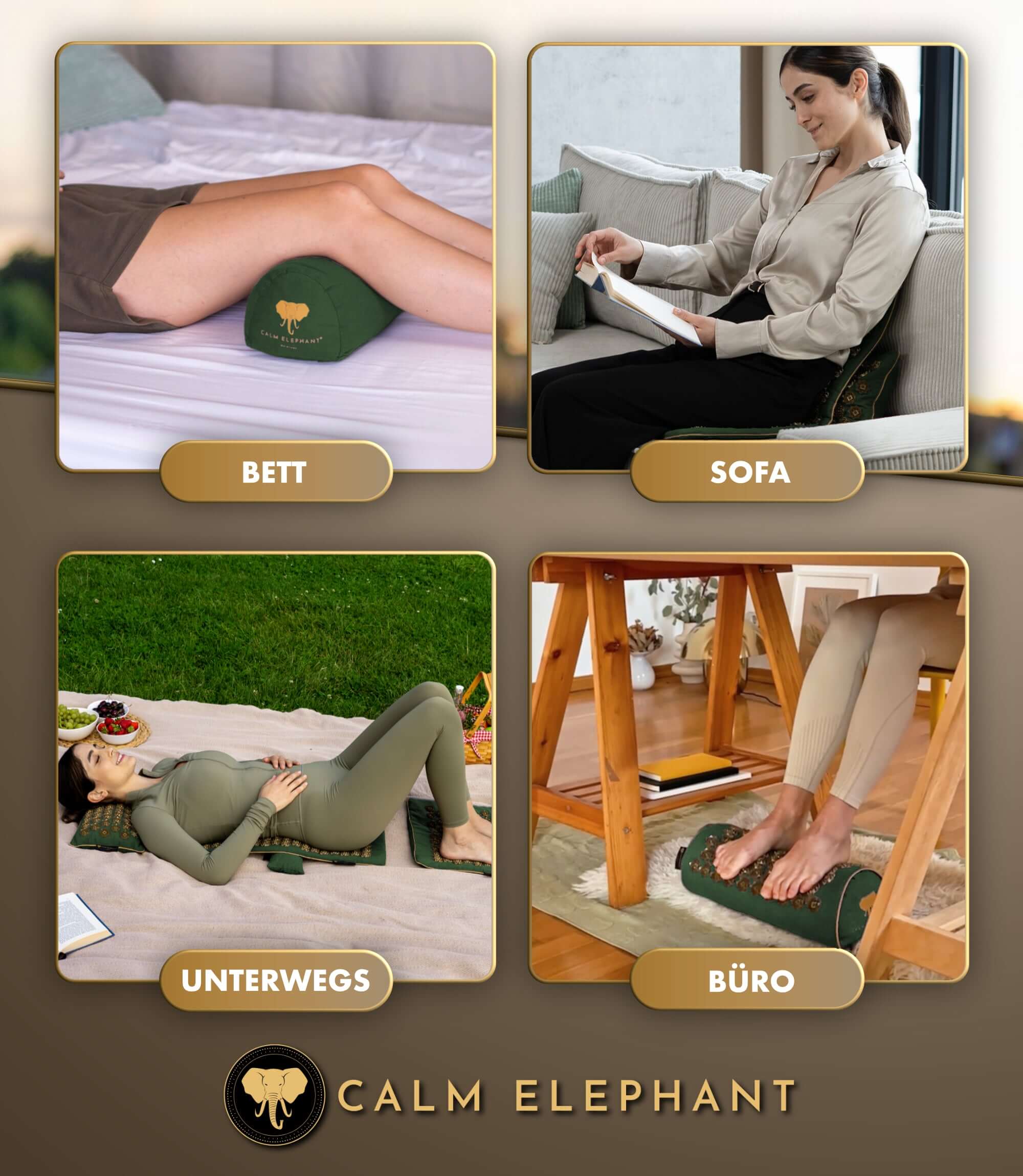 Akupressurmatte | ULTIMATE 6er Set - grün in verschiedenen Anwendungen: Bett, Sofa, unterwegs, Büro.