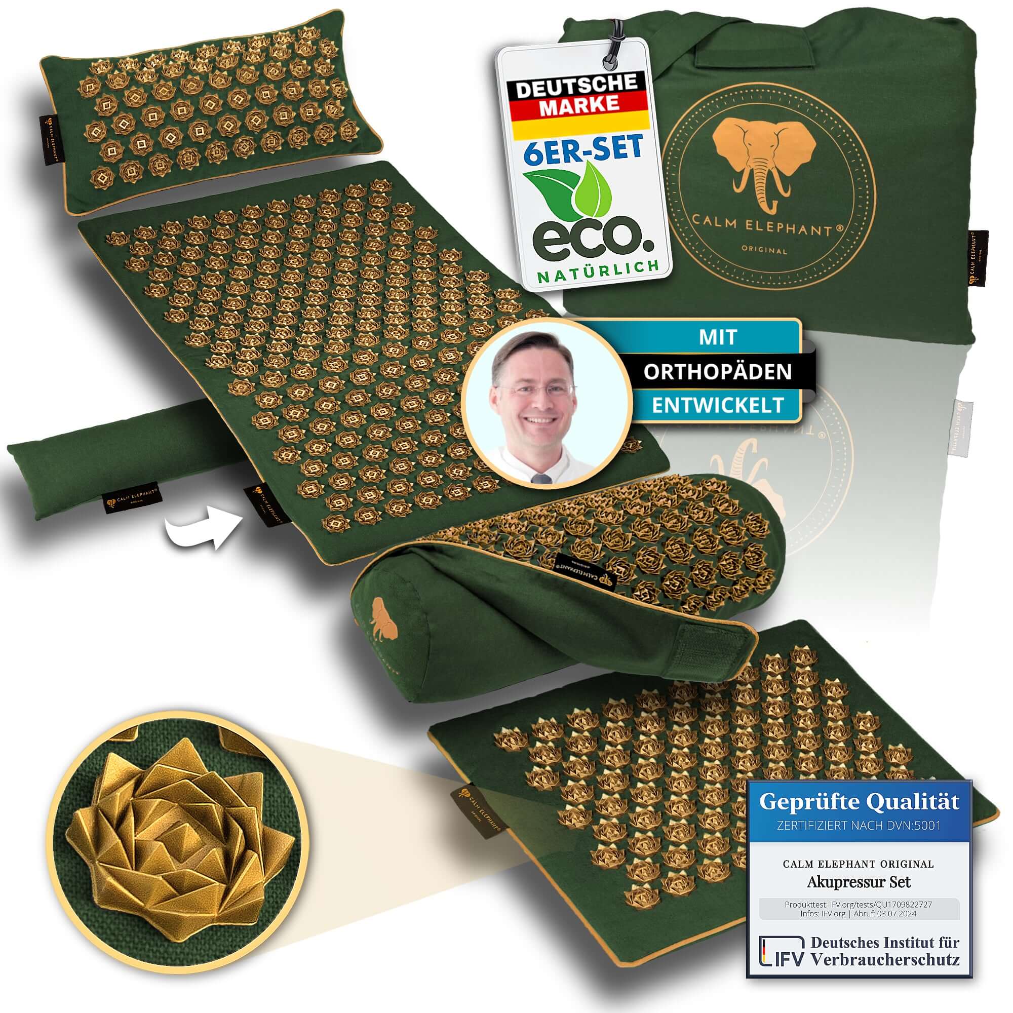 Akupressurmatte | ULTIMATE 6er Set - grün von CALM ELEPHANT, orthopädisch entwickelt, um ganzheitliche Entspannung zu fördern.